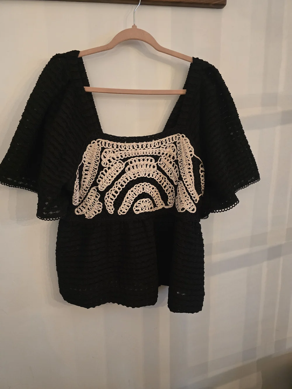 Black Crochet Peasant Top with Cream Panel - Anthropologie